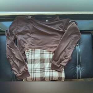 Brown plaid mini dress with brown long sleeve crop top